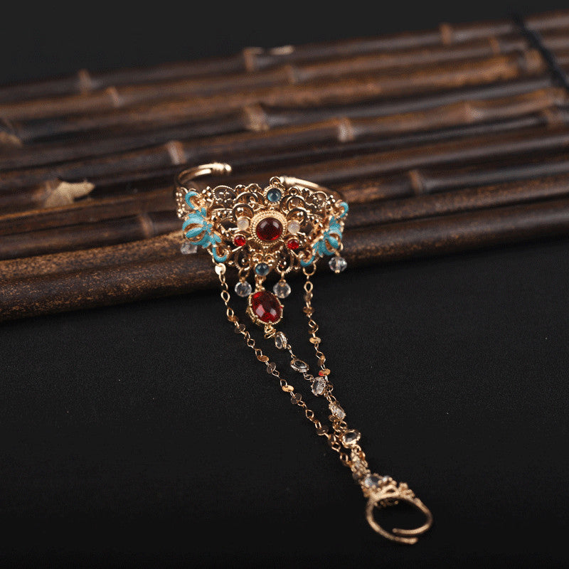 Dunhuang Style Gold Bracelet Ring Set Vintage Red Bead Tassel Hanfu Accessory
