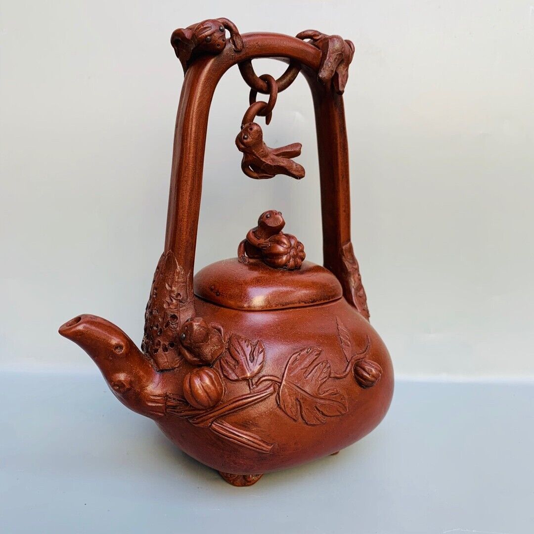 Chinese Yixing Zisha Clay Handmade Exquisite Teapot （提梁吊猴紫砂壶 底款：陈鸣远 ）