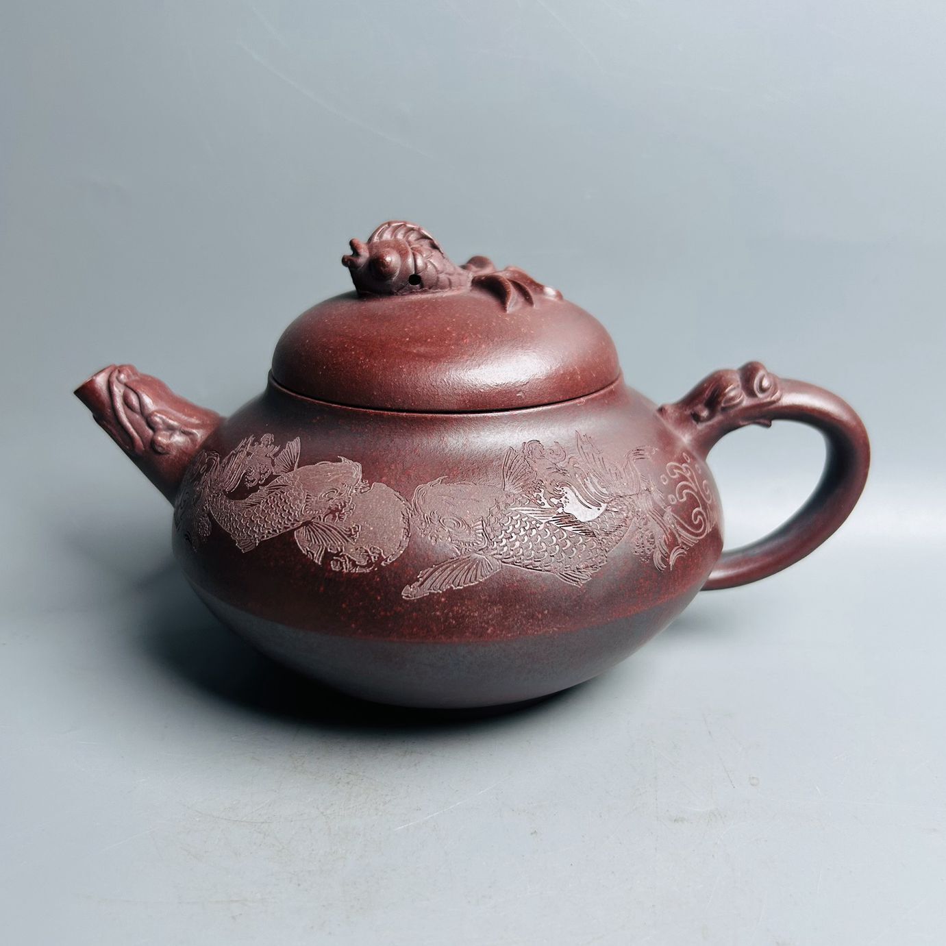 Vintage Chinese Yixing Purple Clay Teapot Zisha Ceramic Carving Fish Teaware Art