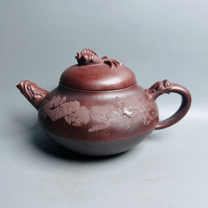 Vintage Chinese Yixing Purple Clay Teapot Zisha Ceramic Carving Fish Teaware Art