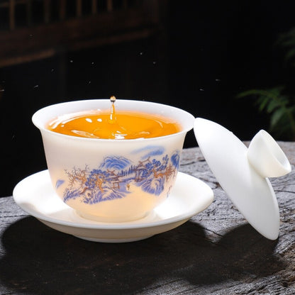 Jade Porcelain Gaiwan Hand Drawing Boutique Tureen Cup Saucer Lid Sancai Bowl