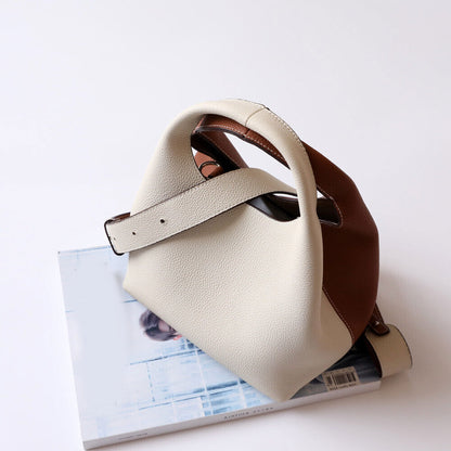 Contrast Real Leather Tote Handbag Purse Bucket Shoulder Bag Hobo w/ Zip Bag