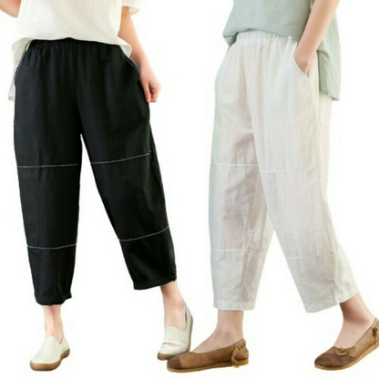 Women Comfort Loose Fit Baggy Flax Linen Harem Pants Leisure Pockets Trousers @
