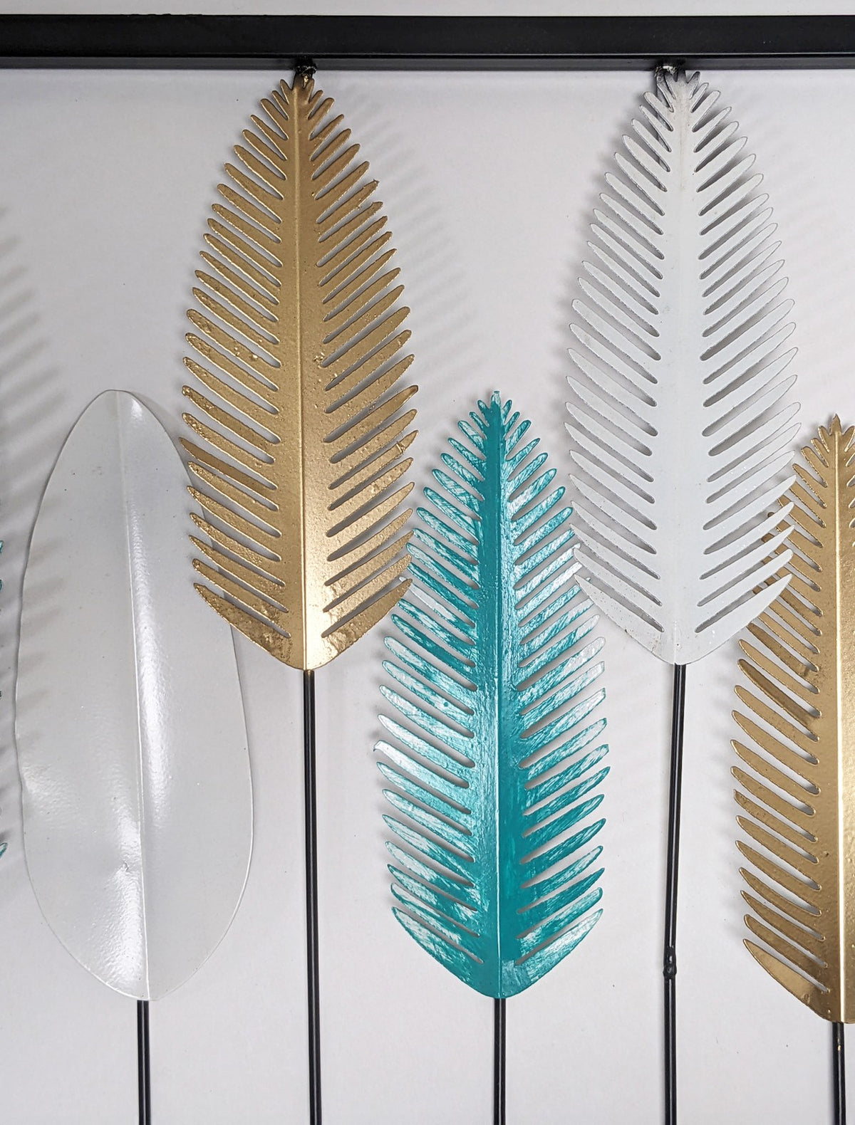 3-Foot Turquoise, Gold, & White Leaves Hanging Metal 3D Wall Decoration, 36"×15"