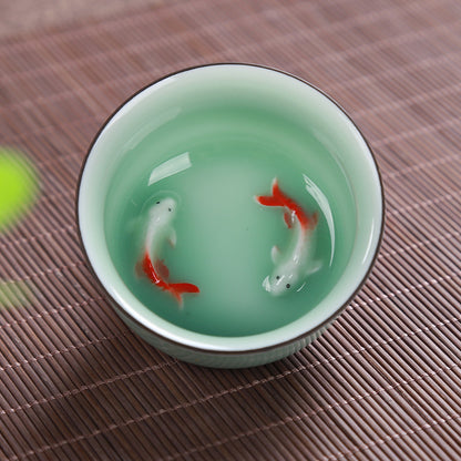 Two Packs China Tea Cup Porcelain Fish Relief Cup of Tea Chinese Kungfu Tea Cups