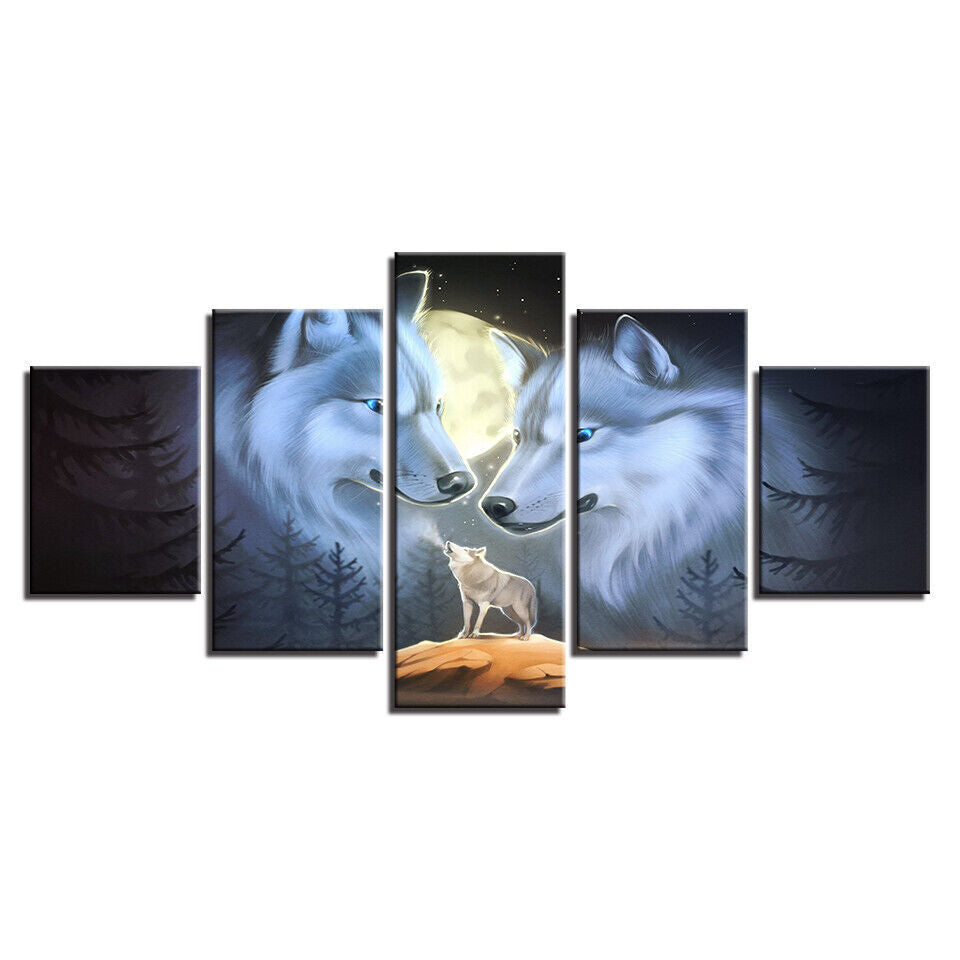 Animals Wolf Full Moon Wolves Canvas Print Painting Wall Art Home Decor 5PCS