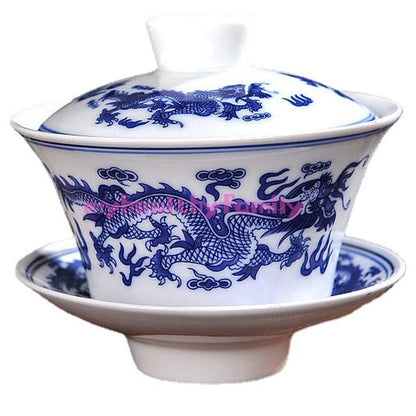 250ml Jingdezhen Blue White Porcelain Dragon Pattern Gaiwan Tea Bowl Kung Fu Tea