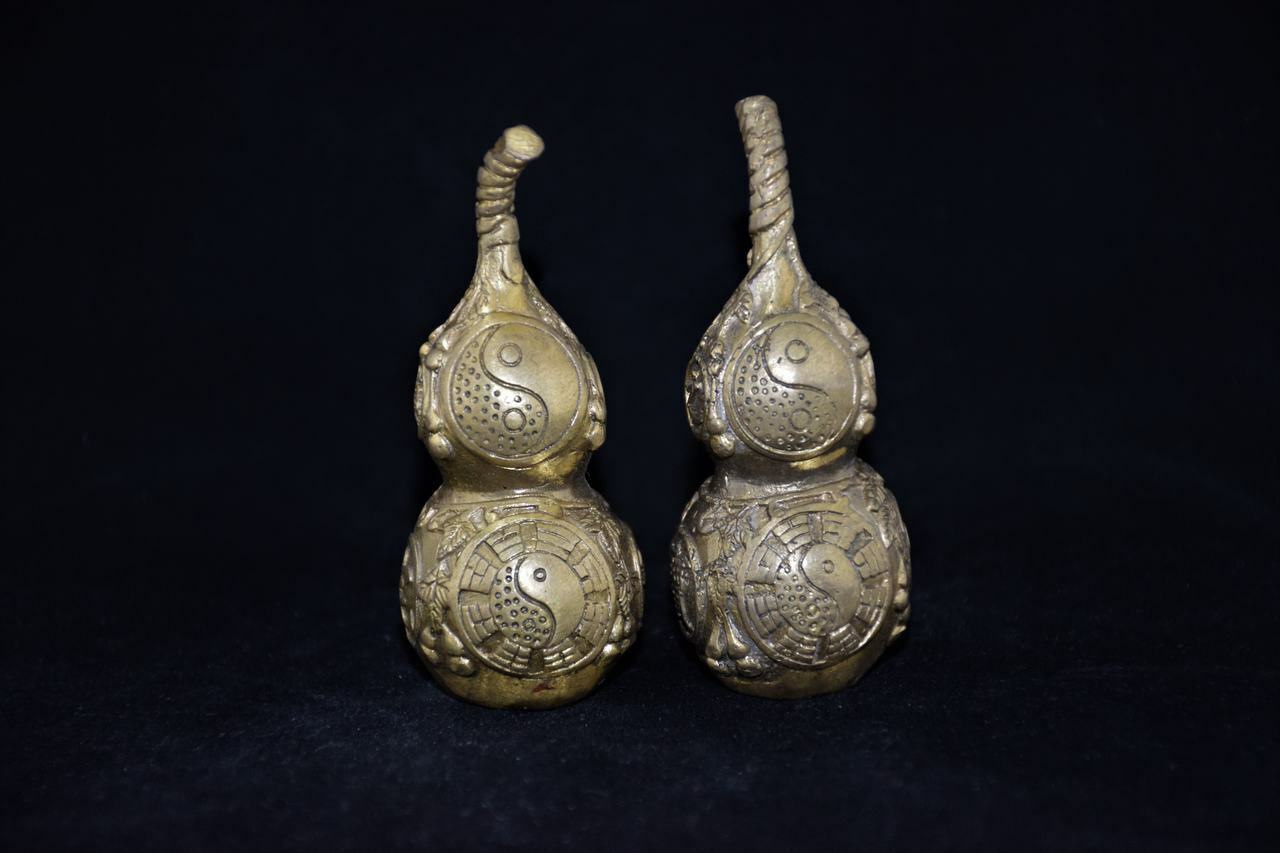 Vintage Chinese Pair Brass TAI-CHI Bottle Gourd