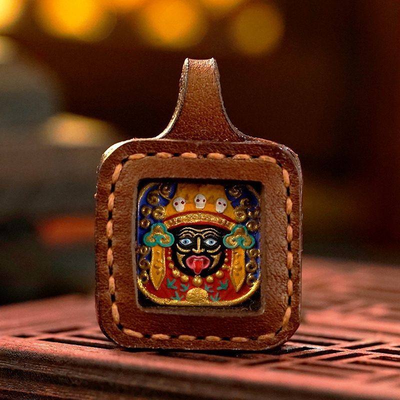 Hand-Painted Thangka 2.0 Zajilam Pendant Mini Necklace Leather Sewn