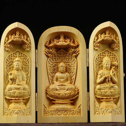 Buddha Statue Carved Wooden Sculpture Decor Three Open Box Home Ornaments NEW