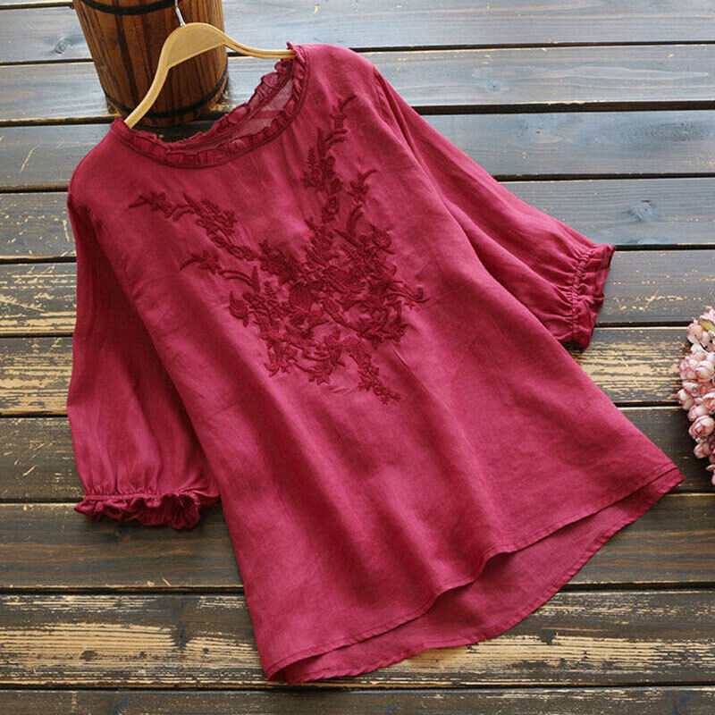 Women Summer Cotton Linen Shirt Casual Blouse Summer Baggy T-Shirt Tunic Tops