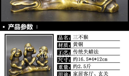 Brass 3 Wise Monkeys Figurine See Hear Speak No Evil Statue Zen Home Decor