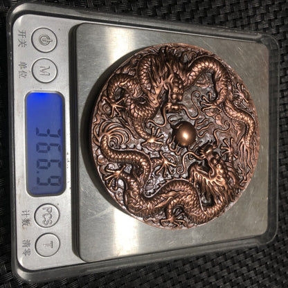 3.0" Exquisite Bronze Double Dragon Play Pearl Collection Commemorative Copper
