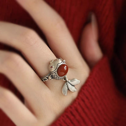 Vintage Chinese Koi Fish Ring Red Agate Adjustable Retro New Chinese Style Band