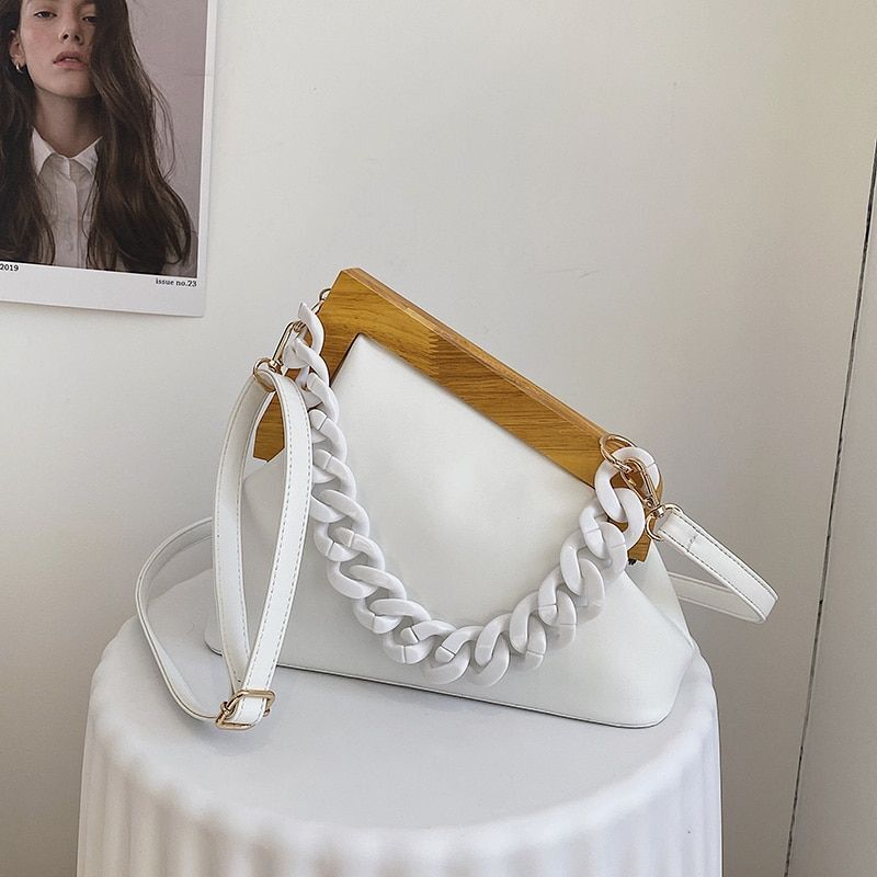 Handbag Thick Chain Triangle Design Leather Crossbody Bag Wooden Handle Purses