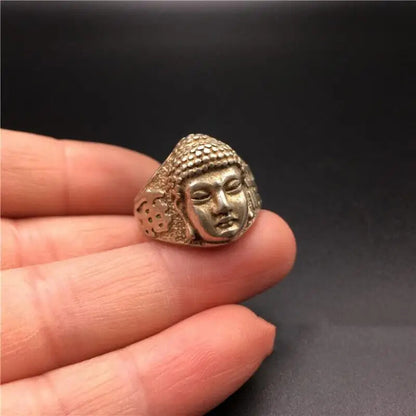 Old Chinese Miao Silver Shakyamuni Amitabha Buddha Head Ring Buddhism Statue