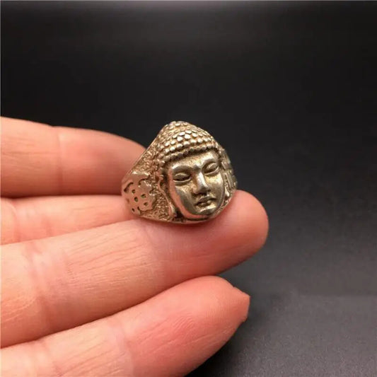 Old Chinese Miao Silver Shakyamuni Amitabha Buddha Head Ring Buddhism Statue