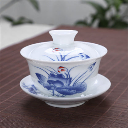 Tea Bowl Porcelain Gaiwan Tea Cup Saucer Lid Handpainted Bowl Cup China Tureen