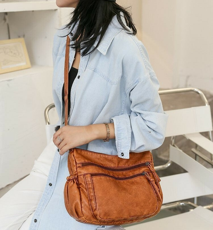 Women's Vintage Leather Purse Shoulder Bag Multiple Pockets Cross Body Handbag
