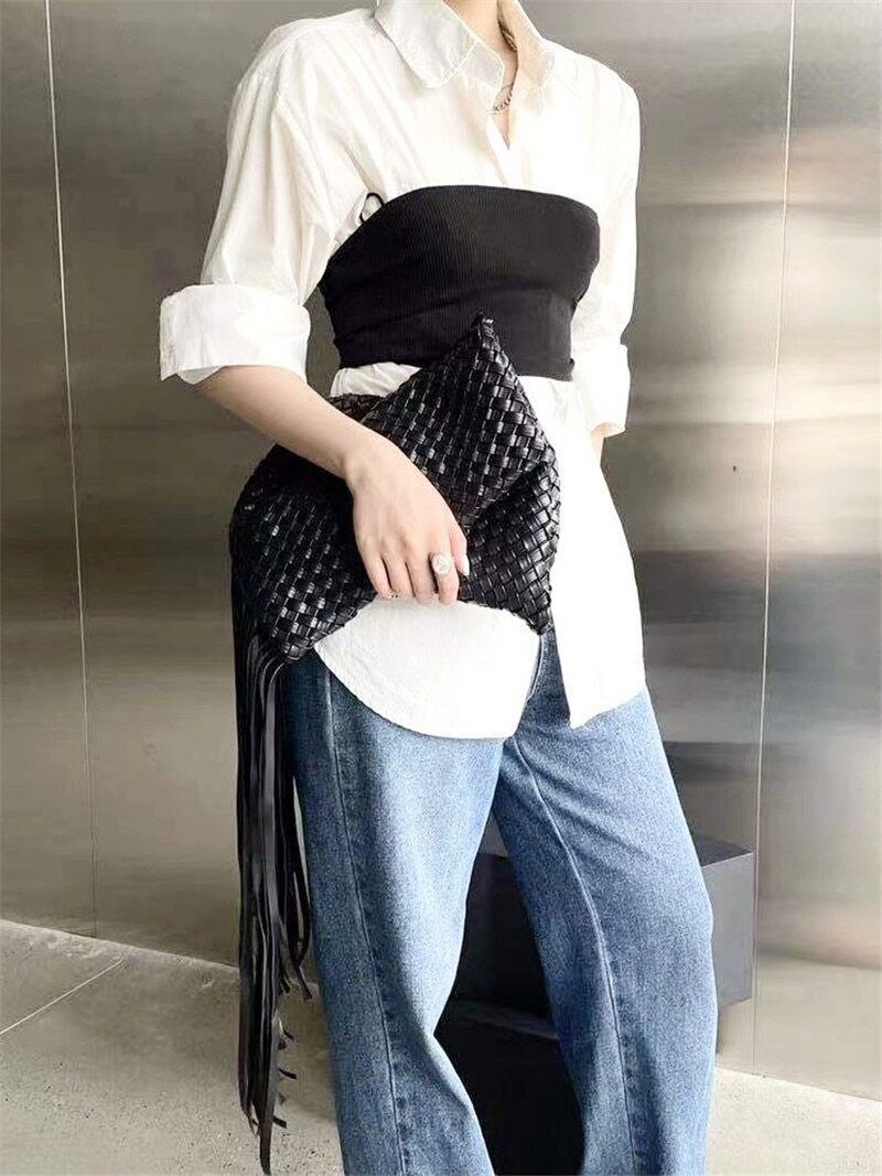 Tassel Clucth Bags Women Leather Woven Lady Handbags Bag Large Party Female