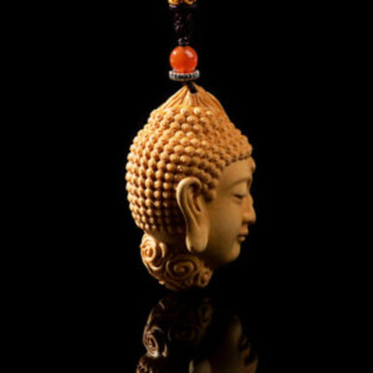 Boxwood Carved Buddha Devil Head Pendant Wooden Sculpture Statue Decor