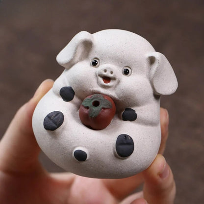 6.6cm Purple Clay Handcarvede Zodiac Pig Incense Holder Tea Pet Statue Ornament
