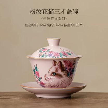 Pink Ru Kiln Flower Cat Gaiwan Tea Tureen Tea Cup Tea Maker Kung Fu Tea Set