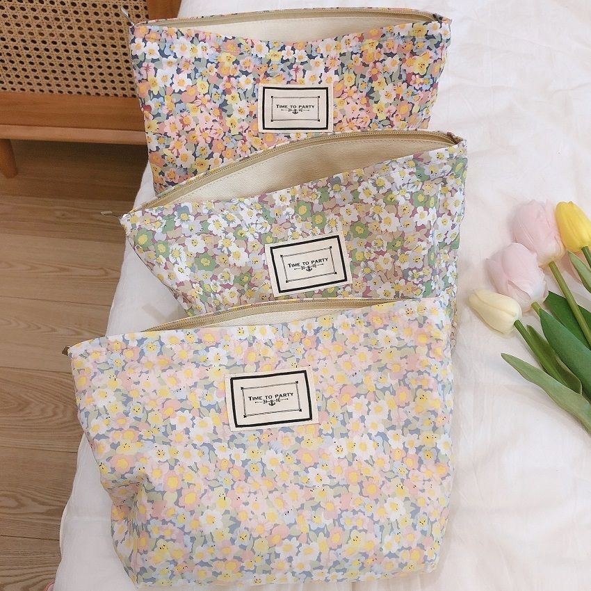 Floral Makeup Bag Large Cotton Fabric Cosmetic Traveling Case Storage Organizer