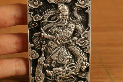 Old Chinese tibet silver handcarved guan gong dragon pendant