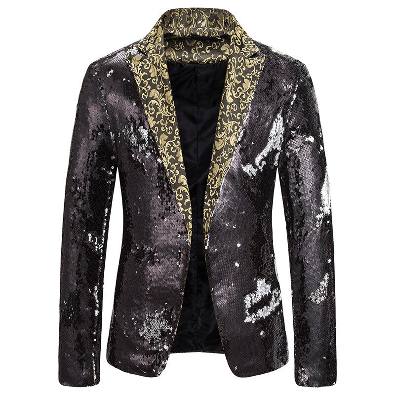 Men Floral Sequin Blazer Suit Jacket Coat One Button Party Clubwear Singer Shiny