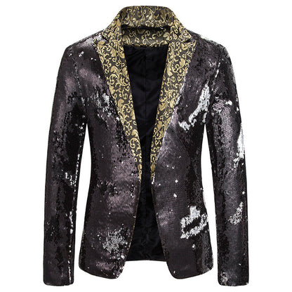 Men Floral Sequin Blazer Suit Jacket Coat One Button Party Clubwear Singer Shiny