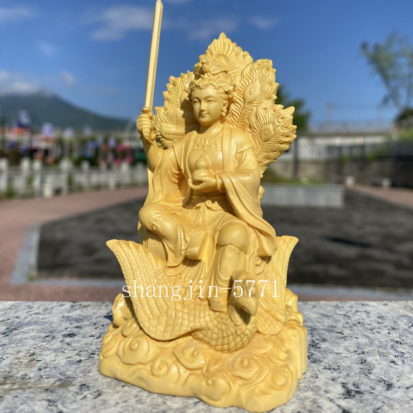 3.9" Chinese Boxwood Handcarved Jiutian Xuannü Goddess Holding Sword Statue