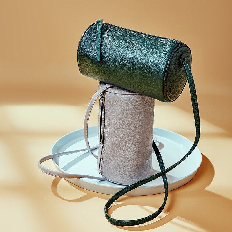 Genuine Leather Bag Crossbody Pouch Round Bags Soft Shoulder Bag Barrel-shaped