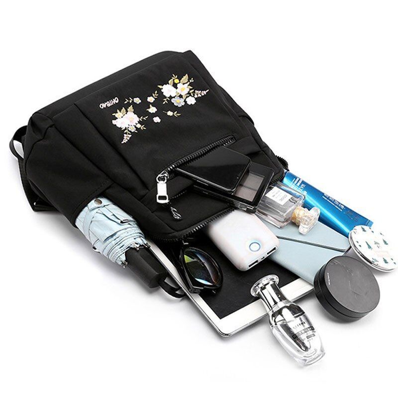 Nylon Backpack Black Zipper School Bags Flower Embroidery Rucksack High Capacity
