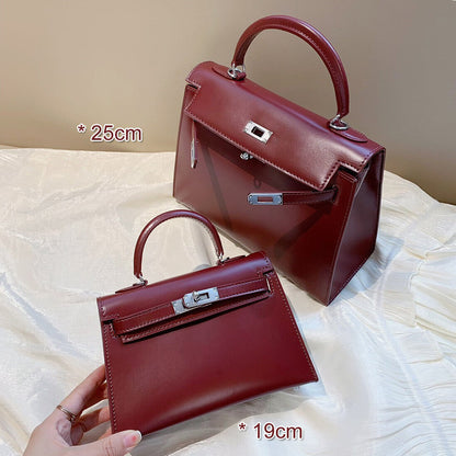 19/25 Trapezoid Glossy Real Leather Flap Tote Handbag Shoulder Bag Purse Fashion