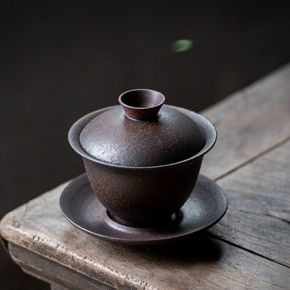 crude pottery gaiwan antique style Chinese ceramic tureen cup bowl saucer lid