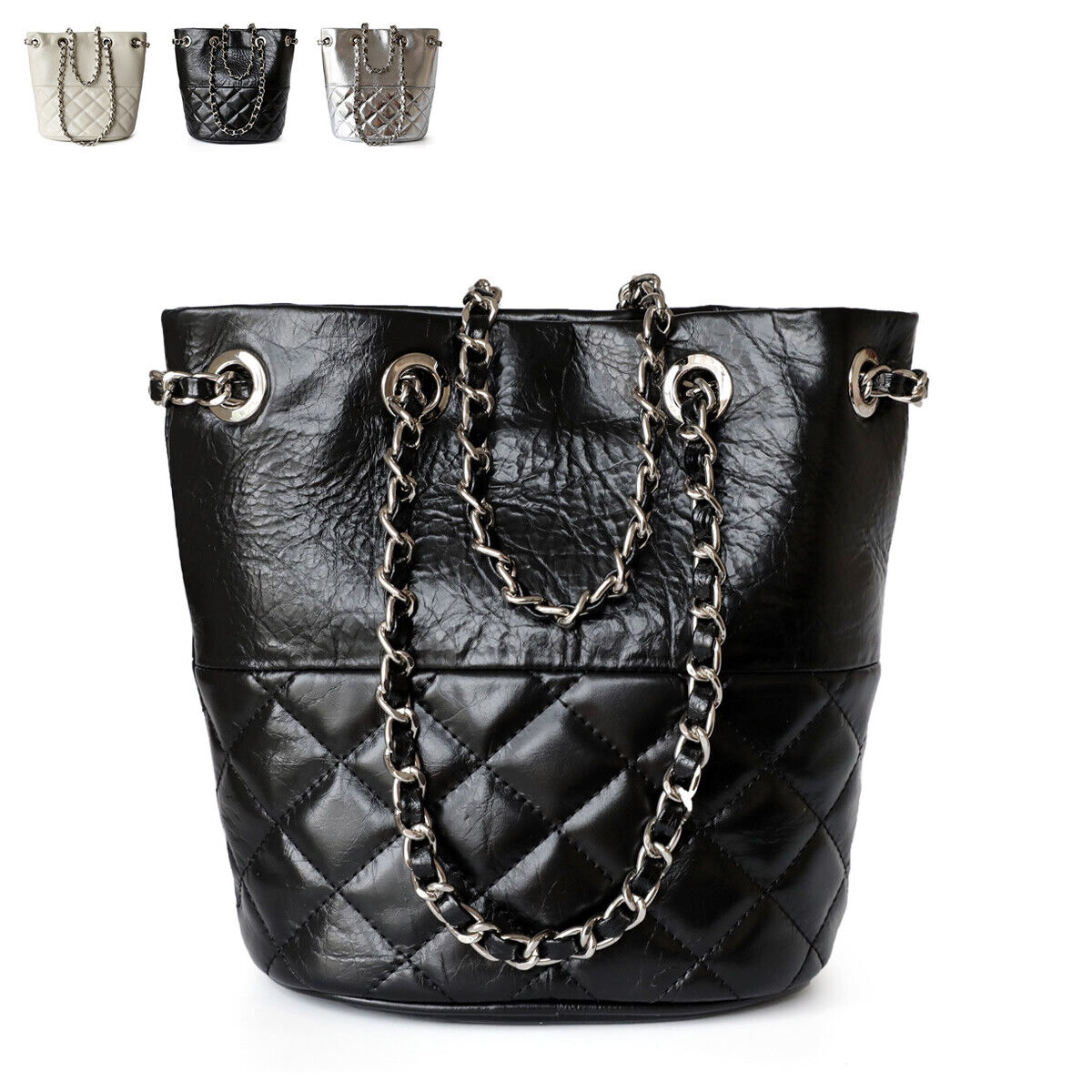 Small Mini Quilted Real Leather Bucket Tote Shoulder Bag Purse Clutch w/ Chain