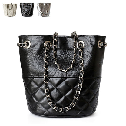 Small Mini Quilted Real Leather Bucket Tote Shoulder Bag Purse Clutch w/ Chain