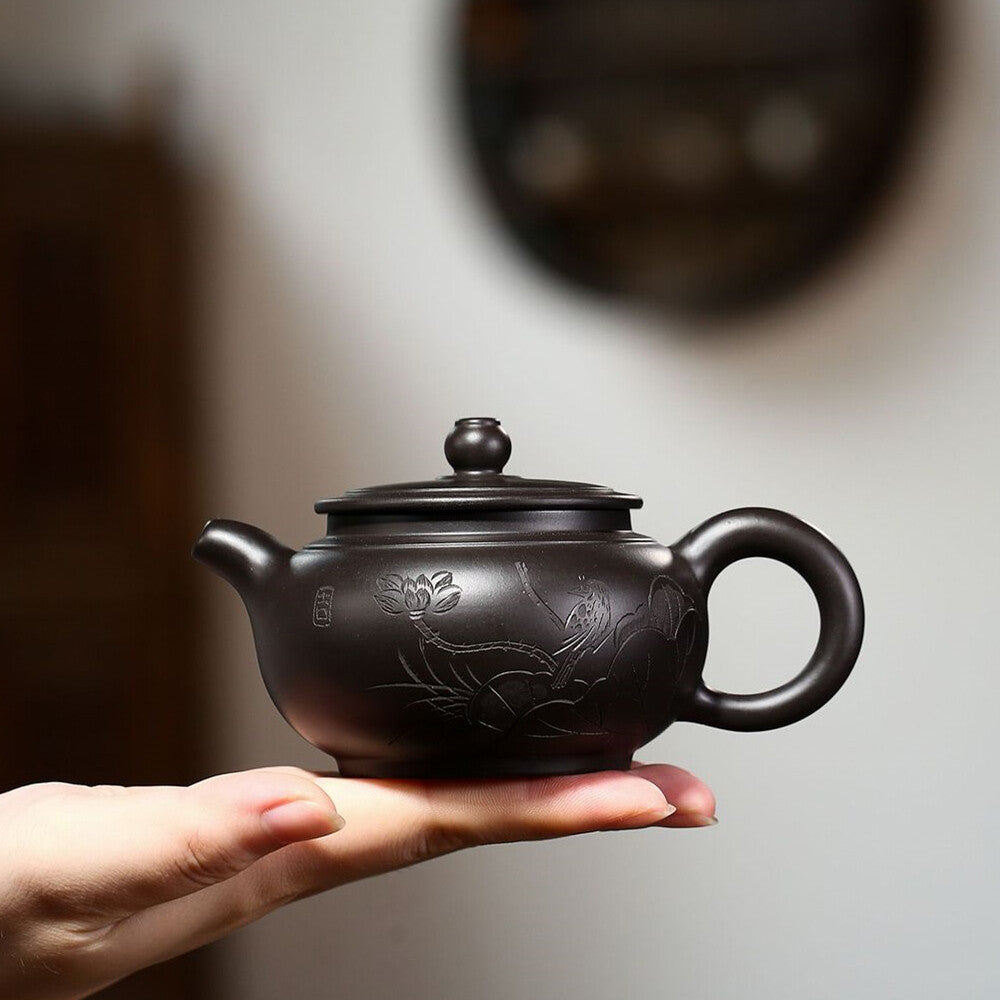 True Yixing Zisha Zhu Black Clay Pot Marked Lotus Carved Handmade Master Tea Pot