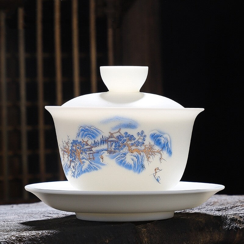 Jade Porcelain Gaiwan Hand Drawing Boutique Tureen Cup Saucer Lid Sancai Bowl