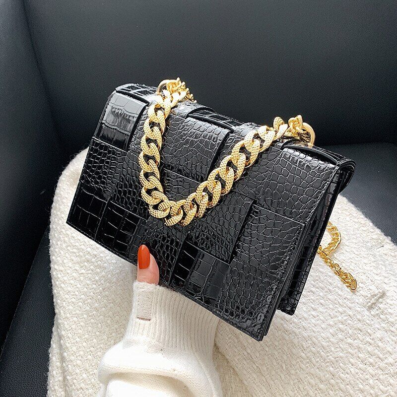 Pattern Pu Leather Bag Women Gold Chain Woven Square Bag Evening Party Clutch