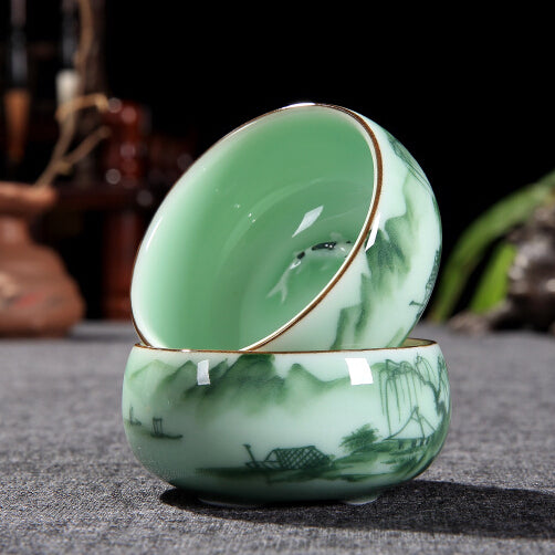 2.5oz * 2 Tea Cups Thicker Glaze Porcelain Cup Mountain-river Bamboo Print Cups