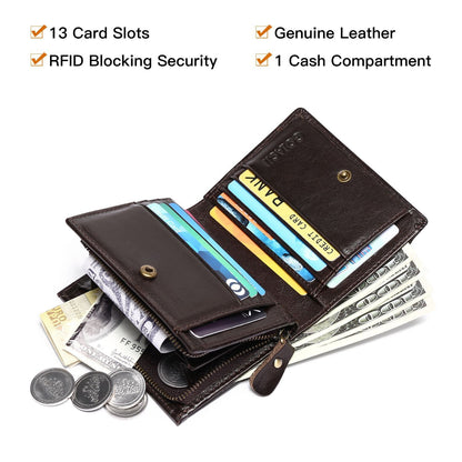 Vintage Genuine Leather Wallet Credit Card Id Holder Zipper Purse RFID Card Bag