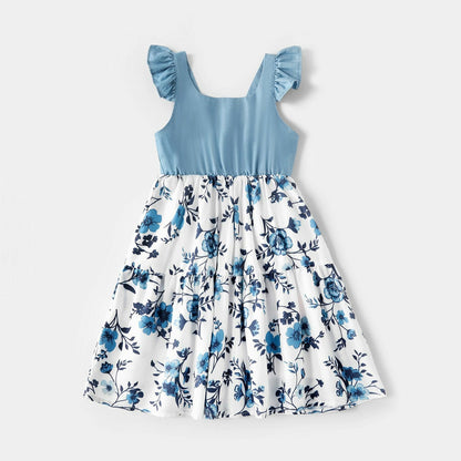 Tank Dresses Summer Spring Mosaic Cotton Matching Floral Sets Flounce Denim Tops