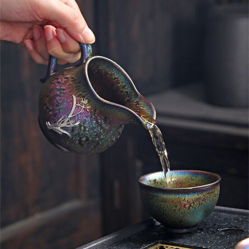 Tianmu Glaze Tea Set Kiln Change Complete Tea Set Silver Relief Chinese Pot Cups