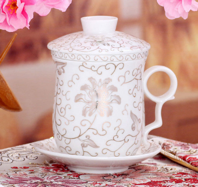 New Chinese Flower Ceramic Porcelain Tea Cup with Infuser Lid&saucer Coffee Mug