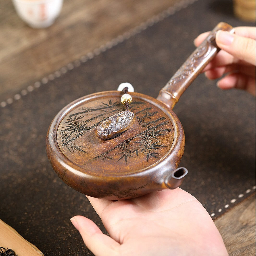 Original Ore Real Yixing Zisha Tea Pot Handmade Bamboo Carved Master Pot 180ml