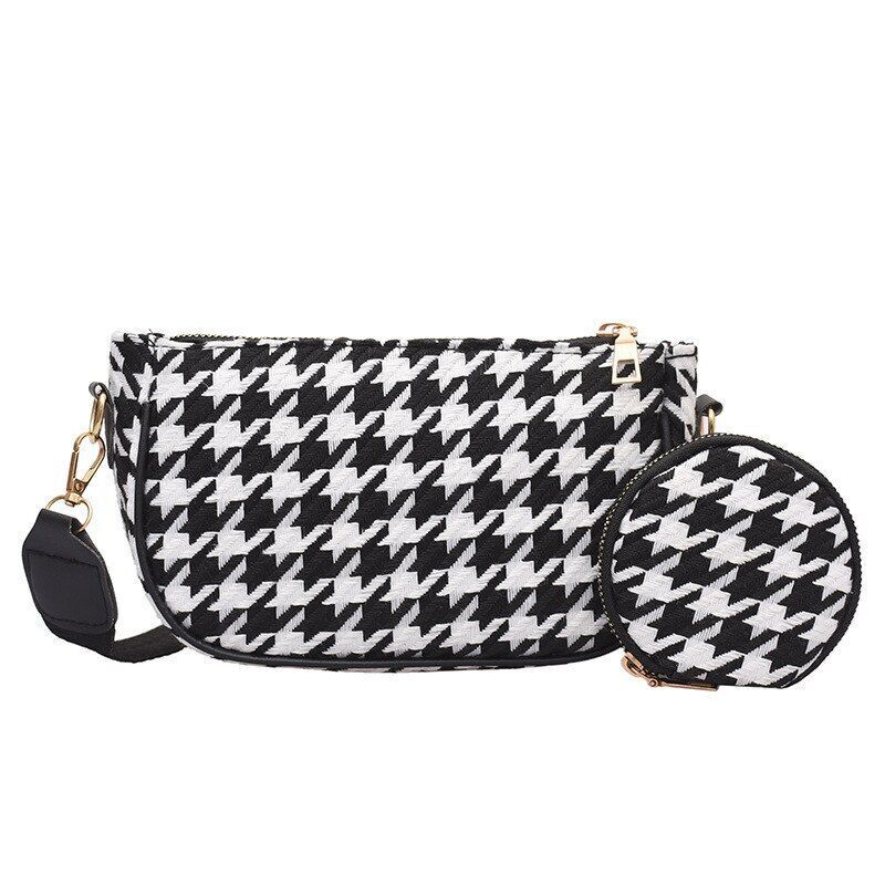 Vintage Plaid Print Shoulder Bag Round Purse Casual Small Crossbody Bags 2 pcs