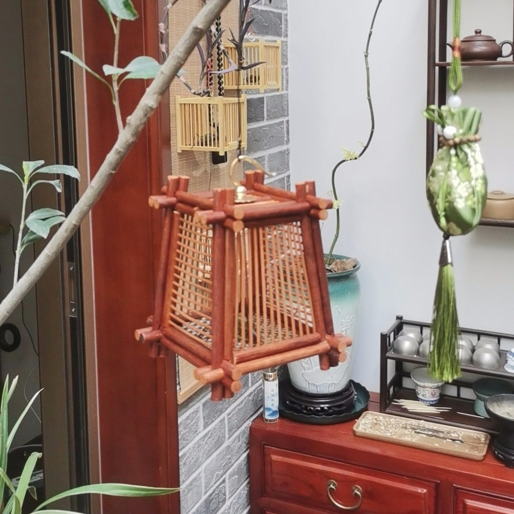 Handmade Brown Bamboo Katydid Cricket Cage Mortise Tenon Hanging Insect Box