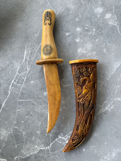 Antique Design Chinese Yak Bone Carved Knife Dragon Pattern Sword Dagger Decor